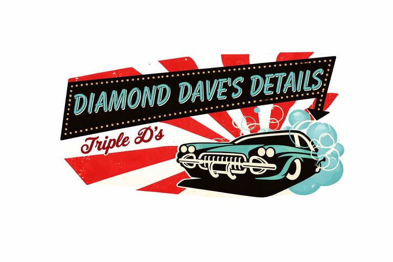 Retro-style logo for Diamond Daves Details car wash featuring vintage car, neon signage, and 1950s aesthetic design